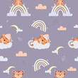 Seamless pattern with tiger cubs. Cute sleeping animal on a cloud and a sitting tiger on a rainbow on a lilac background with clouds and the moon. Vector illustration. Scandinavian Kids Collection 