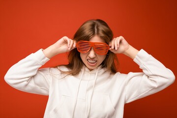 Wall Mural - Photo shot of attractive positive happy young blonde woman isolated over colourful background with copy space for text wearing casual white hoodie and stylish glasses looking at camera and having fun