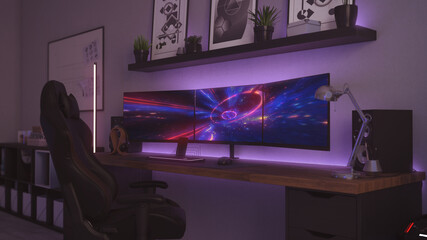 Wall Mural - Games room with a cyber gamer computer. 3d rendering image of neon lighting