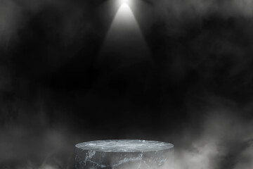 Poster - Empty space of Black marble stage in studio dark room with smoke and spotlight.