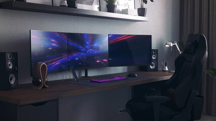 Wall Mural - Games room with a cyber gamer computer. 3d rendering image of neon lighting