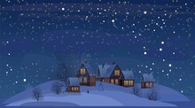 Village. Rural Houses In Winter. Christmasc Night. Quiet Frosty Evening. Gable Roof Is Covered With Snow. Nice And Cozy Countryside Landscape. Flat Cartoon Style. Vector Art