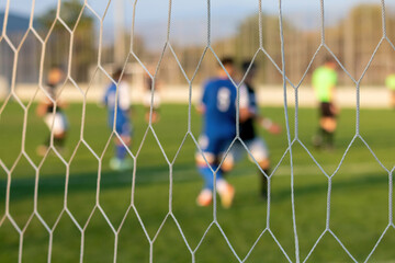 Wall Mural - Football game in arena through soccer nets. Blurred background.