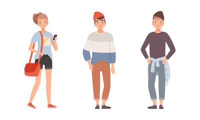 Sticker - Teenager Boy and Girl Dressed in Casual Wear Standing Vector Set