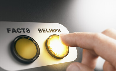 finger pressing a button with the word beliefs intead of facts during a cognitive psychological expe