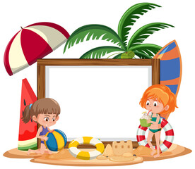 Wall Mural - Empty banner template with kids character on summer vacation at the beach on white background