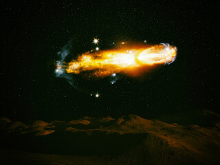 Wall Mural - alien planet. landscape with stars and nebula in sky. elements of this image furnished by nasa.