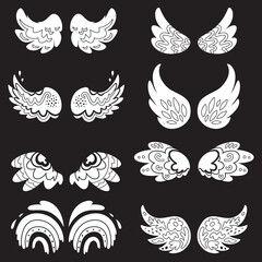 Wall Mural - Cartoon angel wings collection isolated on black background. Vector illustration