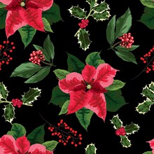 Endless Brush Pattern With Winter Poinsettia Flowers, Holly, Berries. Hand-drawn Illustration In A Realistic Style. Border For Seasonal Design. Vintage Style. Black Background.