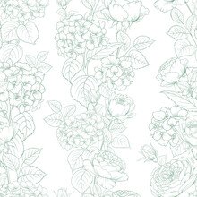 Seamless Pattern From Flowers Of Lavender,rose, And Hydrangeas On A White Background.
