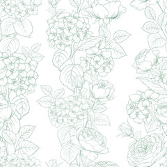 Wall Mural - Seamless pattern from flowers of lavender,rose, and hydrangeas on a white background.