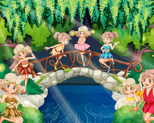 Wall Mural - Cute fairies in fantasy forest