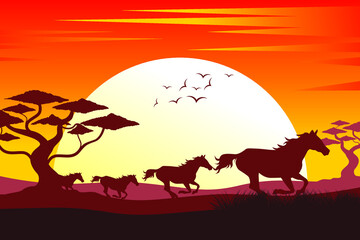 Wall Mural - Horse silhouette. Silhouette of sunset in safari landscape