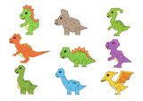 Fototapeta Dinusie - Set of cute cartoon dinosaurs. Collection funny animal characters. Vector illustration.
