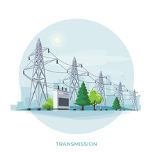 High Voltage Electricity Distribution Grid Pylons. Flat Vector Illustration Of Utility Electric Transmission Transformer Network Providing Energy Supply. Electrical Power Lines In Circle Background.