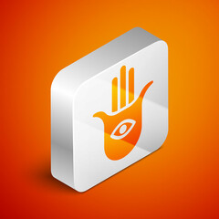 Poster - Isometric Hamsa hand icon isolated on orange background. Hand of Fatima - amulet, symbol of protection from devil eye. Silver square button. Vector