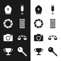 Sticker - Set Mobile Apps, Camera shutter, Pope hat, Glass of champagne, Photo camera and Scales justice icon. Vector