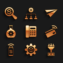 Poster - Set Telephone, Product development, Lead management, Contactless payment, and Bioengineering icon. Vector