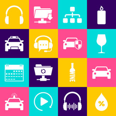 Wall Mural - Set Water drop percentage, Car, Wine glass, Hierarchy organogram chart, Headphones with speech bubble and Police car and flasher icon. Vector