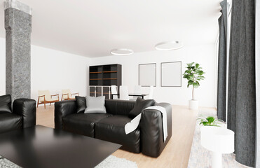 modern living room with sofa and green plant and two empty frames