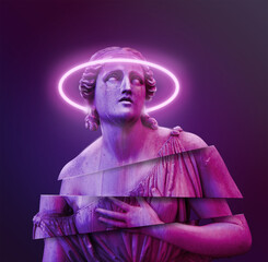 Classic statue background concept. Vaporwave style background. Classic sculpture with color distortion and colored lights. 3d render