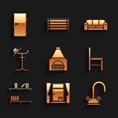 Sticker - Set Interior fireplace, Window with curtains, Water tap, Chair, Shelf books, Coat stand, Sofa and Closed door icon. Vector