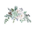 © Anna Nekotangerine - Beautiful floral bouquet made with watercolor. Sage green eucalyptus, succulent plant, white peony, pine cone, cotton, lamb ear,winter greenery and pine branches. Pastel holiday wreath illustration.
