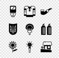 Sticker - Set Ukrainian cossack, Embroidered shirt, Smoking pipe, Sunflower, Mace, house, trident and Dumplings on fork icon. Vector