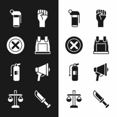 Poster - Set Bulletproof vest, X Mark, Cross in circle, Hand grenade, Raised hand with clenched fist, Fire extinguisher, Megaphone, Military knife and Scales justice icon. Vector