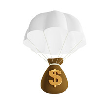 3D Parachute With A Bag Of Money With A Dollar Symbol, Isolated Illustration On A White Background, 3D Rendering