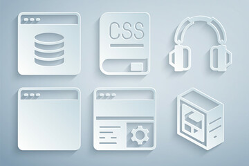 Canvas Print - Set Debugging, Headphones, Browser window, Computer, Books about programming and Server, Data, Web Hosting icon. Vector