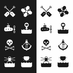 Canvas Print - Set Periscope, Submarine, Paddle, Boat propeller, Skull on crossbones, Anchor, Sun and Lighthouse icon. Vector