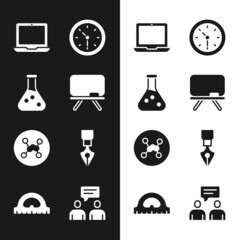 Poster - Set Chalkboard, Test tube, Laptop, Clock, Chemical formula, Fountain pen nib, Two sitting men talking and Protractor grid icon. Vector