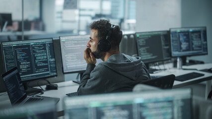 Poster - Office: Professional White IT Programmer Uses Headphones while Working on Desktop Computer. Male Website Developer, Software Engineer Developing App, Video Game. Listening to Podcast, Music.