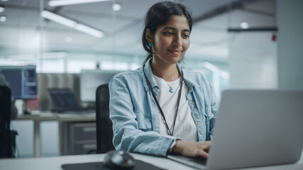 Poster - Diverse Office: Portrait of Beautiful Smiling Indian IT Programmer Working on Desktop Computer. Female Specialist Creating Innovative Software. Professional Engineer Develop Inspirational App