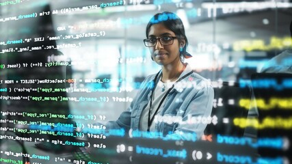 Poster - Diverse Office: Portrait of Confident Indian IT Programmer Working on Desktop Computer. Professional Female Specialist Develop Innovative Software. Shot with Visual Effects of Running Code.