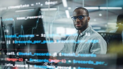 Poster - Real Office: Professional Black IT Programmer Working on Desktop Computer. Male Website Developer and Software Engineer Developing App, Video Game. Shot with Visual Effects of Running Code.