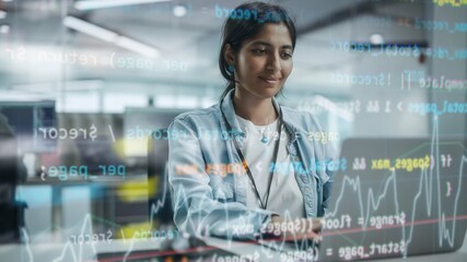 Poster - Diverse Office: Portrait of Beautiful Smiling Indian IT Programmer Working on Desktop Computer. Female Specialist Creating Innovative Software. Shot with Visual Effects of Running Code.