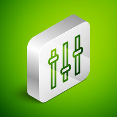 Canvas Print - Isometric line Music equalizer icon isolated on green background. Sound wave. Audio digital equalizer technology, console panel, pulse musical. Silver square button. Vector