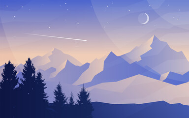 Wall Mural - Mountain landscape. Night scene in nature with mountains and forest, silhouettes of trees. Hiking tourism. Adventure. Minimalist graphic flyers. Polygonal flat design for coupons, vouchers, gift cards