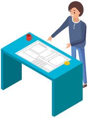 Wall Mural - man stand by table with paper plan. person work on mockup of machinery. architect or designer workin