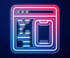 Glowing neon line Software, web developer programming code icon isolated on blue background. Javascript computer script random parts of program code. Vector