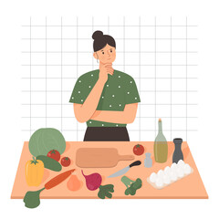 Woman thinking what to cook flat vector illustration. Cute female character can't decide what to make for healthy dinner. Girl standing behind a table with vegebles and organic products