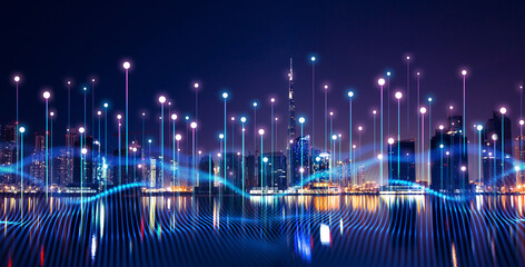 Telecommunication  and communication network concept. Big data connection technology. Smart city and digital transformation.