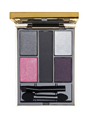 Canvas Print - Open cosmetic set with eye shadows and applicators in black golden plastic case