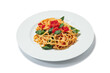 © master1305 - Italian food. Plate with delicious pasta with tomatoes and basil leaves isolated on white background. Concept of worldwide national cuisines