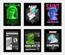 Collection Of Modern Posters With Heads Of Statues. In Techno Style, Stylish Print For Streetwear, Print For T-shirts And Hoodies, Isolated On Black Background