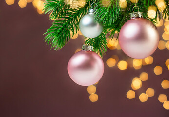 Wall Mural - fir tree branch with christmas ornaments and lights on brown background close up