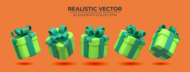 Wall Mural - Set of Realistic green gifts boxes isolated on a orange background. 3d illustration of five springly green gift boxes with bows and ribbons, Festive decorative 3d render object Realistic vector decor