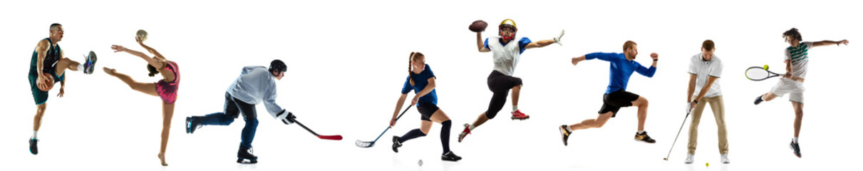 Wall Mural - Tennis, basketball, soccer football, floorball, golf players, runner and gymnast in motion isolated on white background. Collage